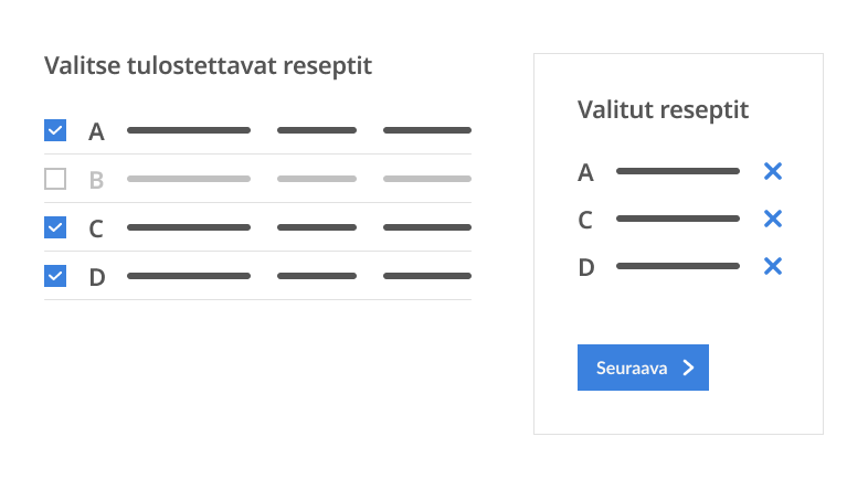 Valintojen yhteenveto sisällön oikealla puolella.