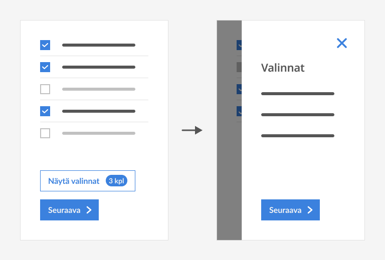 Valintojen yhteenveto modaalissa, joka on avattu erillisestä painikkeesta.