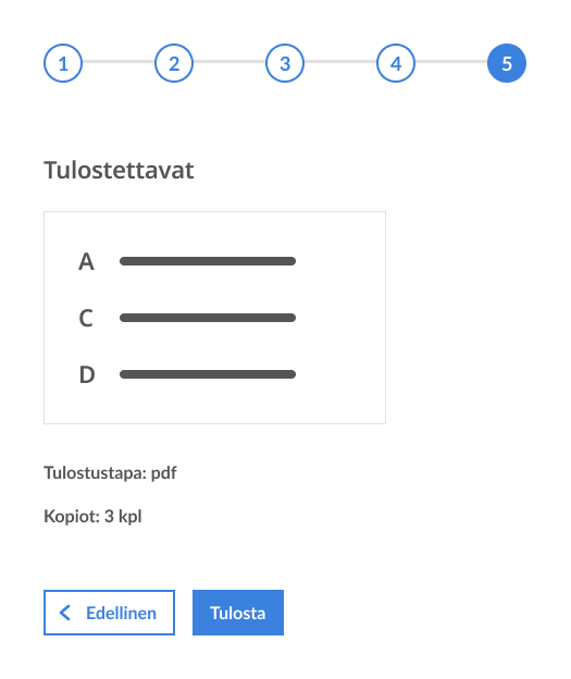 Varmistusnäkymä, joka näyttää tehdyt valinnat sekä yhteiset parametrit.