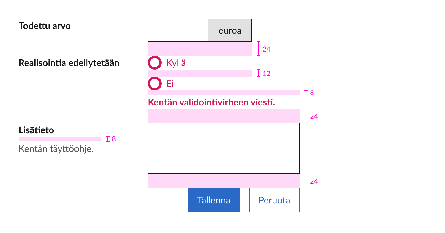 Kenttäryhmien välistykset kaksipalstaisessa lomakkeessa.