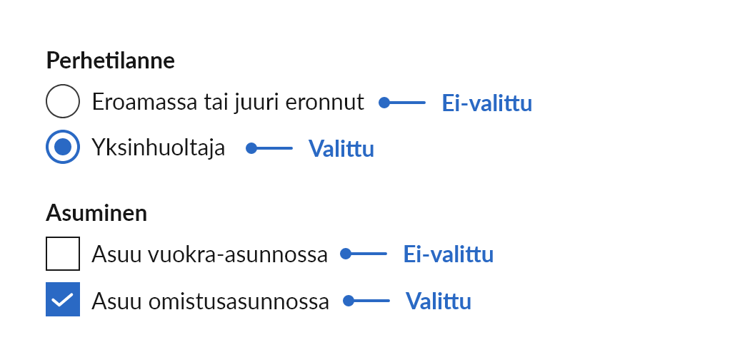 Valintakenttien täyttäminen.