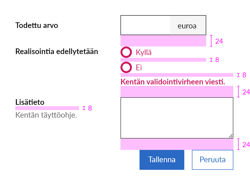 Kenttäryhmien välistykset kaksipalstaisessa lomakkeessa.