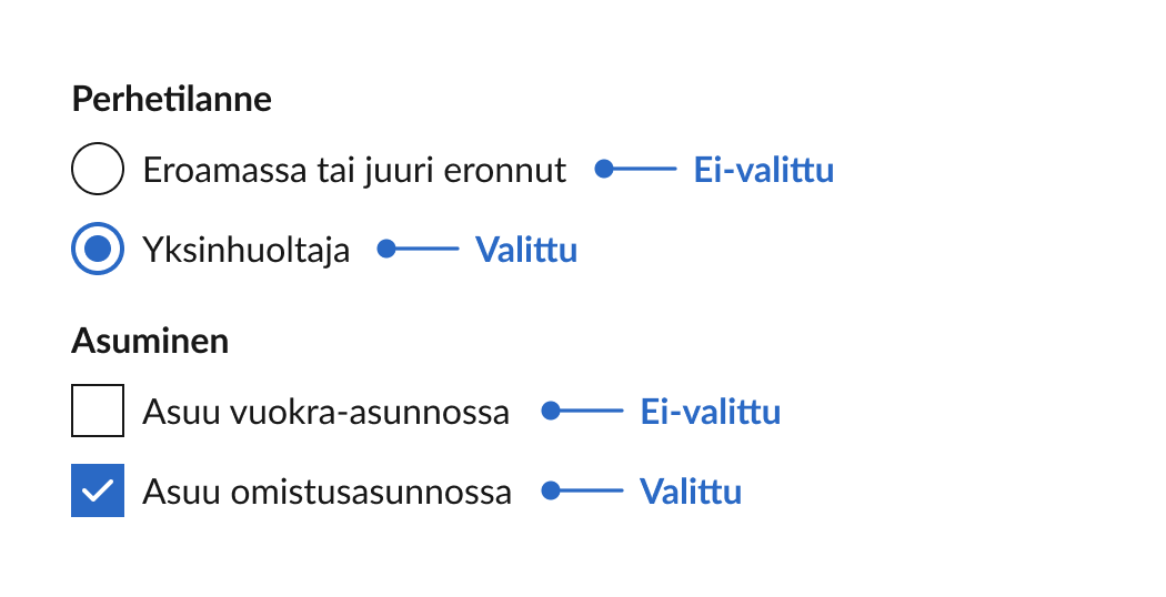 Valintakenttien täyttäminen.